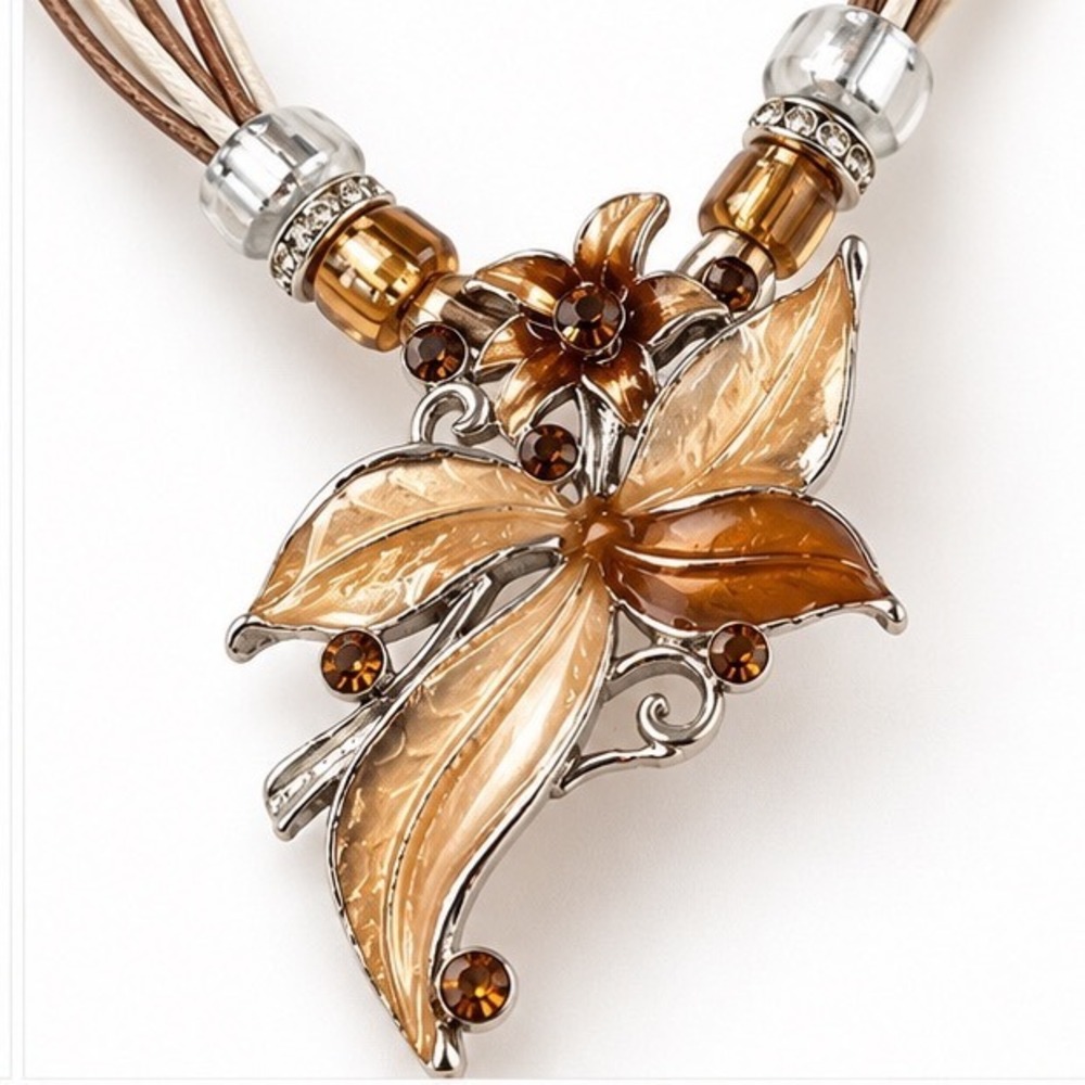Handmade Floral Leaf Enamel Rhinestone Necklace Multi Strand Cord whimsical